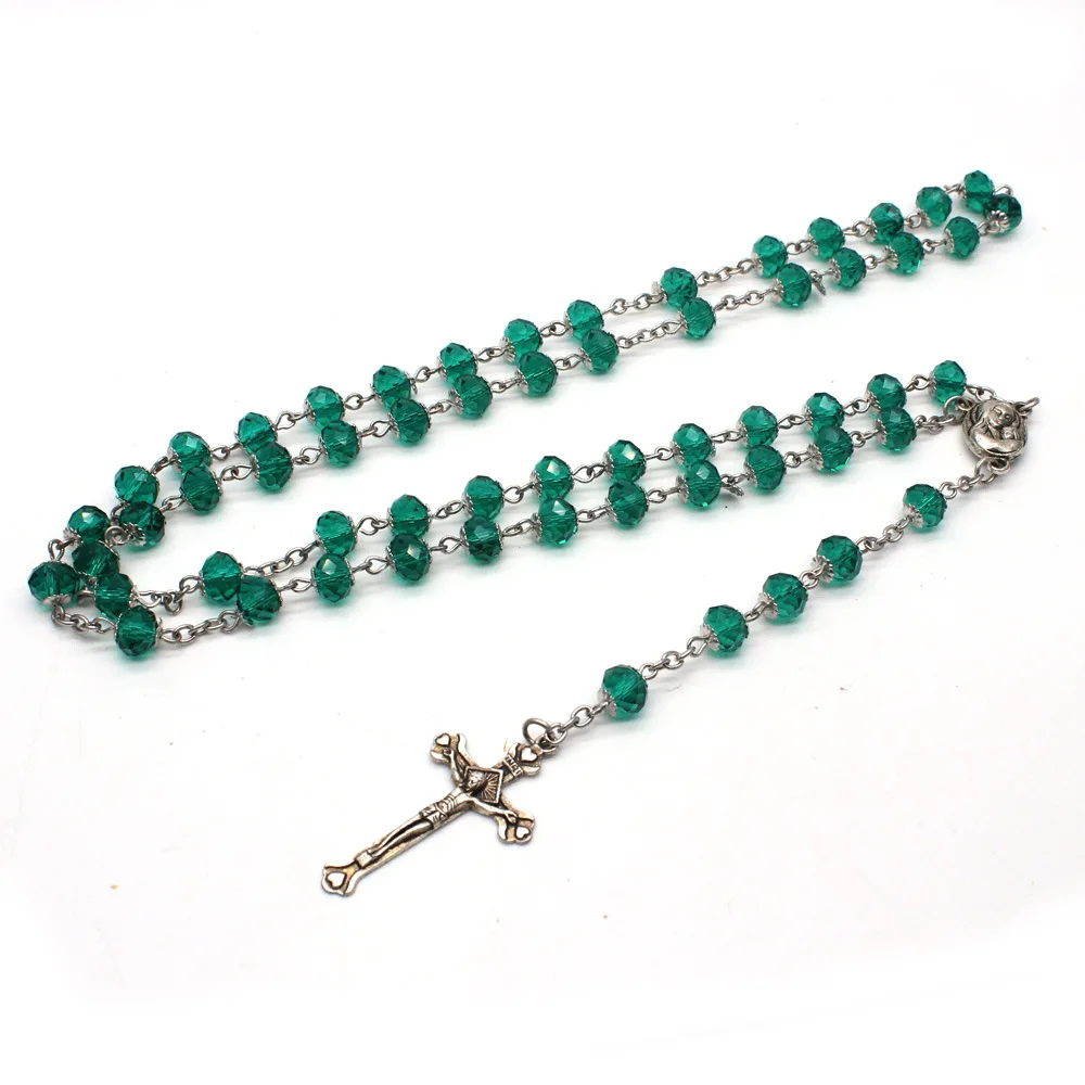 CR037 Green Rosary Beads Acrylic Natural Stone Catholic Necklace High End Cross Bitter Like Christian Religio