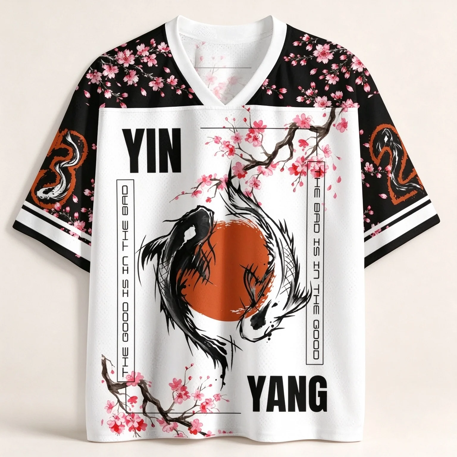 Bold Oriental Yin Yang Koi V Neck Tee Cherry Blossom Ink All Over Print T Shirt Comfort Short Sleeve Top for Urban Street Style