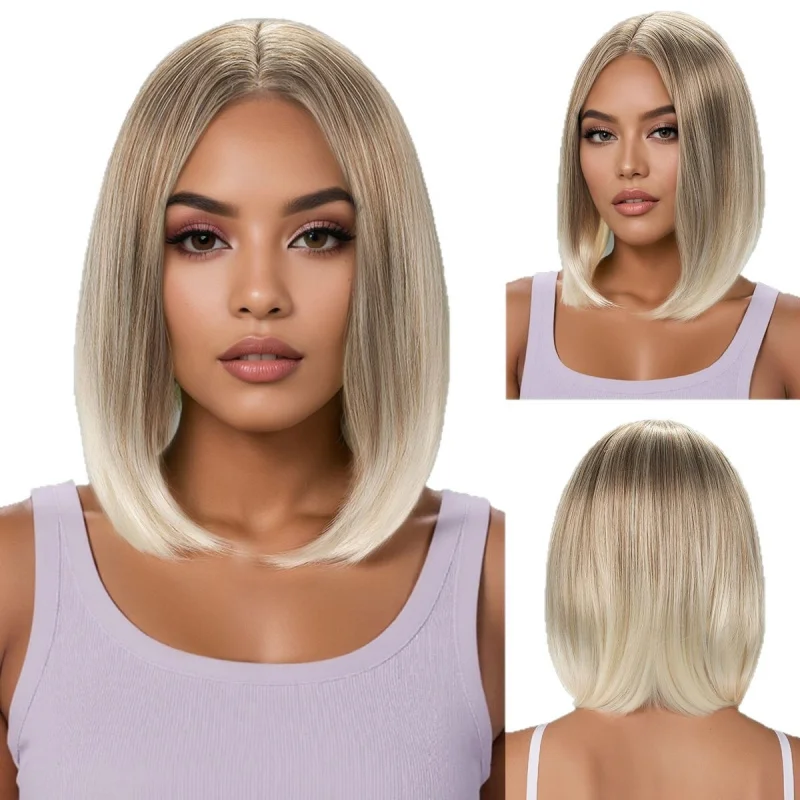 Women's wig, European and American , golden , short straight synthetic hair, middle-parted bobo style, golde