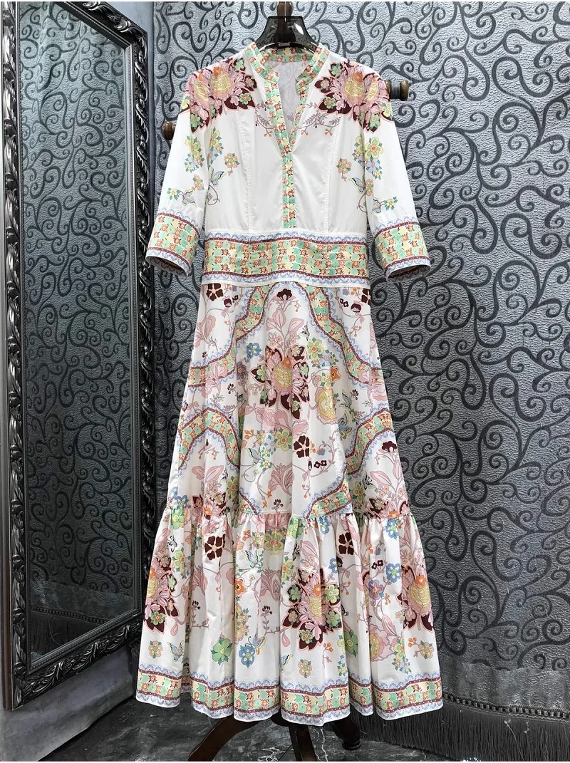 

Top Quality New Long Dress 2024 Autumn Women Vintage Floral Print 3/4 Sleeve Elegant Evening Party Maxi Dress Special Occasion