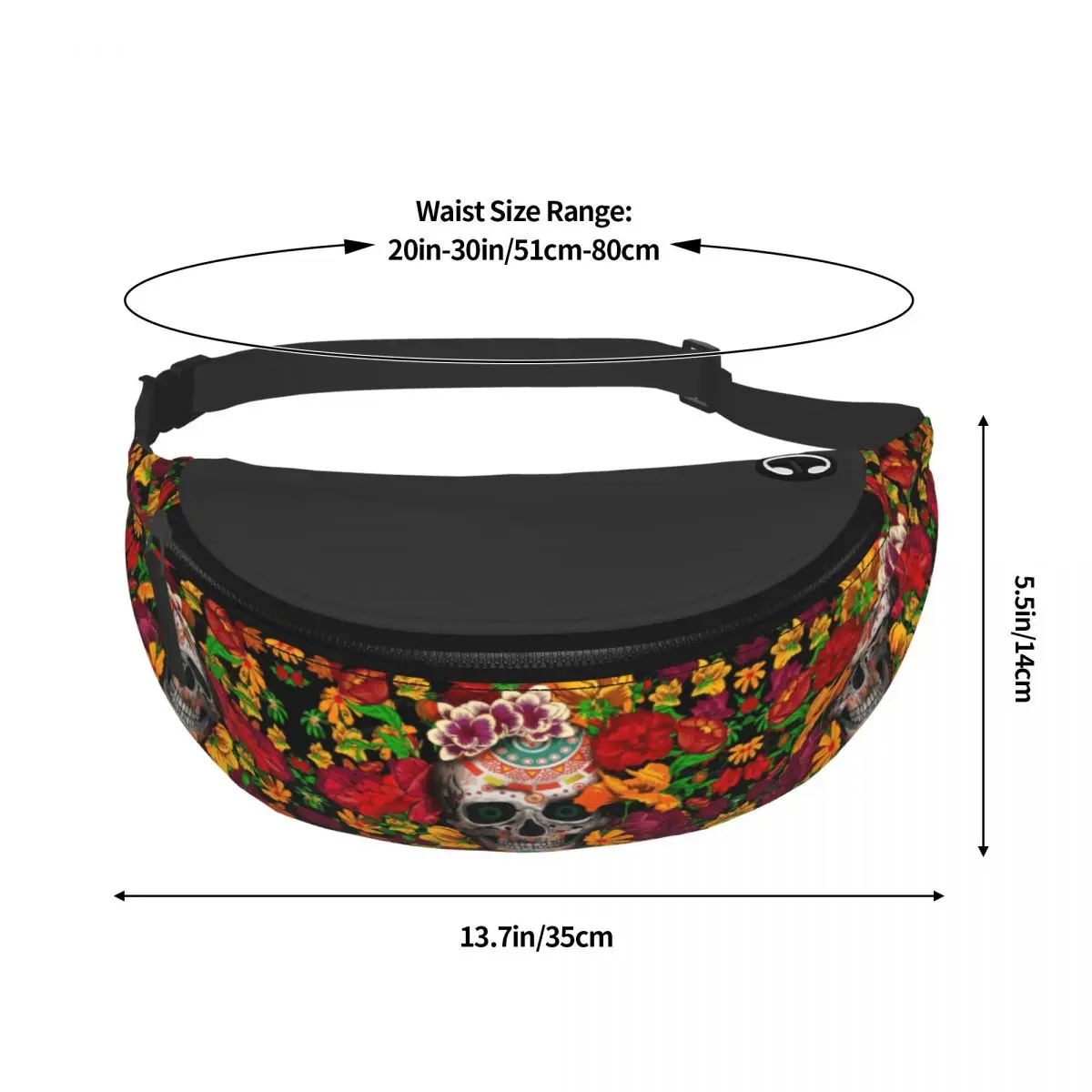 Sugar Skull With Flower Fanny Bag Custom Mexican Floral Crossbody Waist Pack Women Men Running Phone Money Pouch