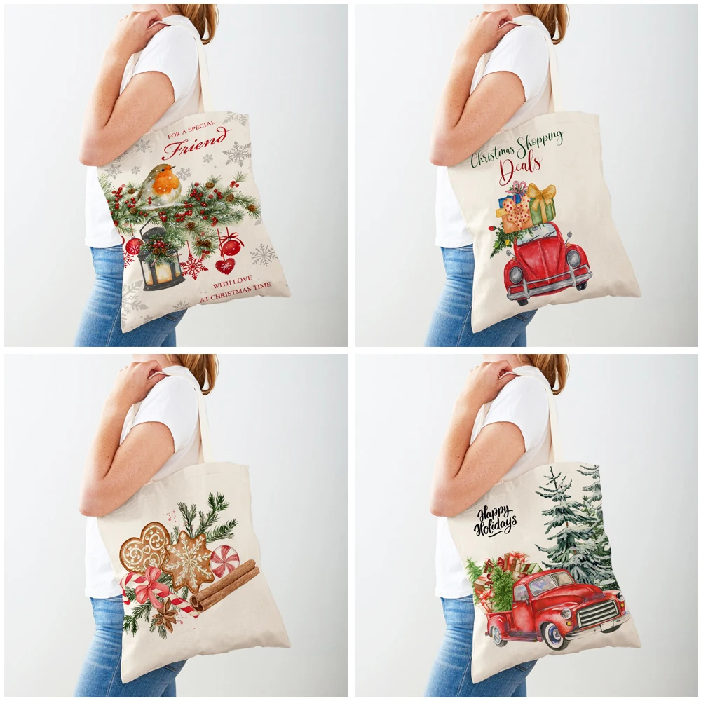 Snowman Tote Merry Christmas Gift Women Handbag Cute Cartoon Sock Tree Claus Both Print Canvas Casual Lady Student Shopping Bags