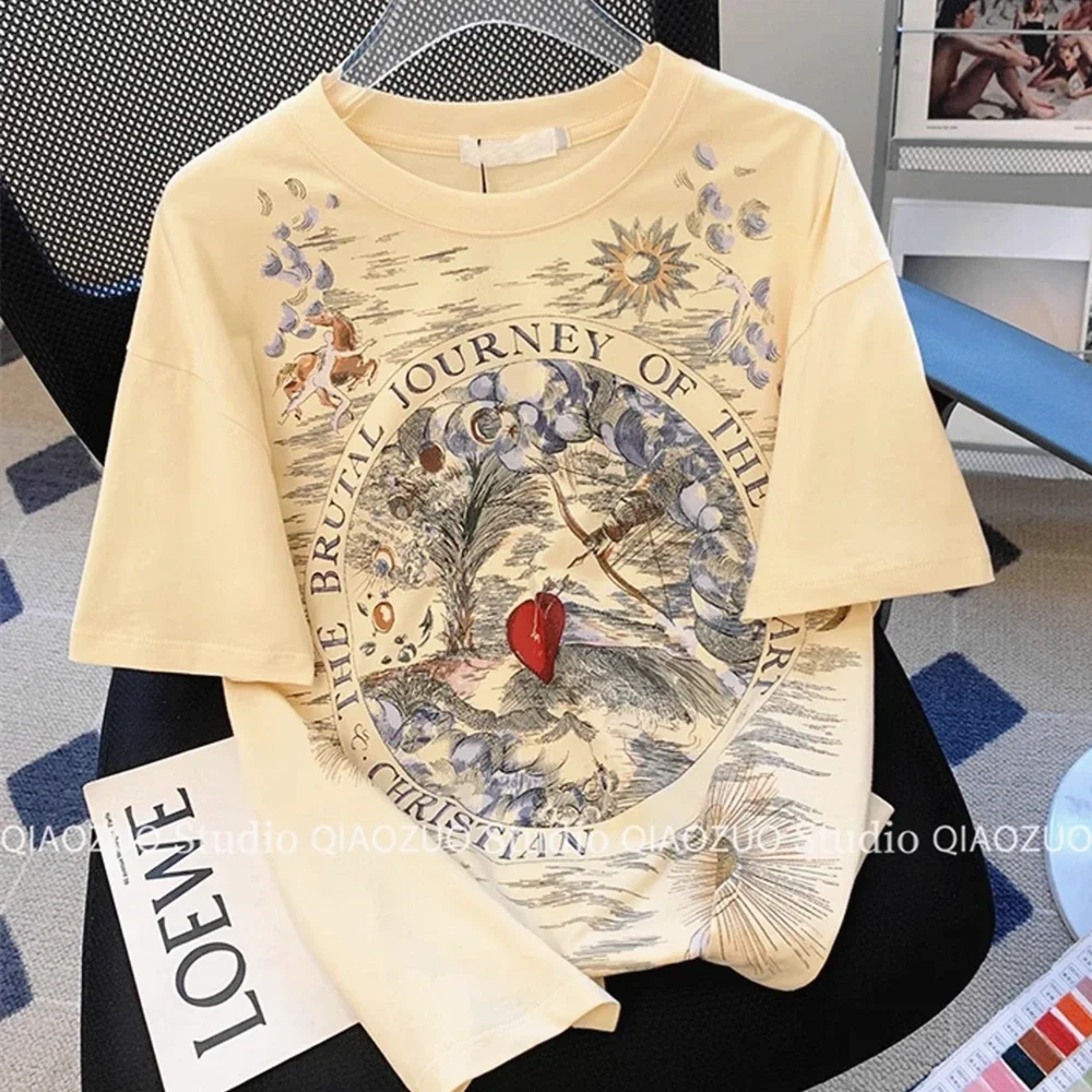 European Flower Horse Art Painting Y2K Top for Women Vintage Apricot Cotton T Shirts Round Neck Loose Summer Tops Korean Fashion