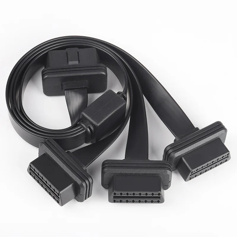 3 IN 1 Flat+Thin Cable 16Pin OBD2 Extender ELM327 Male To Dual Female Y Splitter Cable 8Pin Elbow OBDII Extension Connector