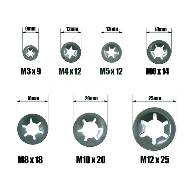 Arandelas de bloqueo a presión, Kit surtido de tuercas de estrella de velocidad rápida de Metal, M3, M4, M5, M6, M8, M10, M12, 260 Uds.