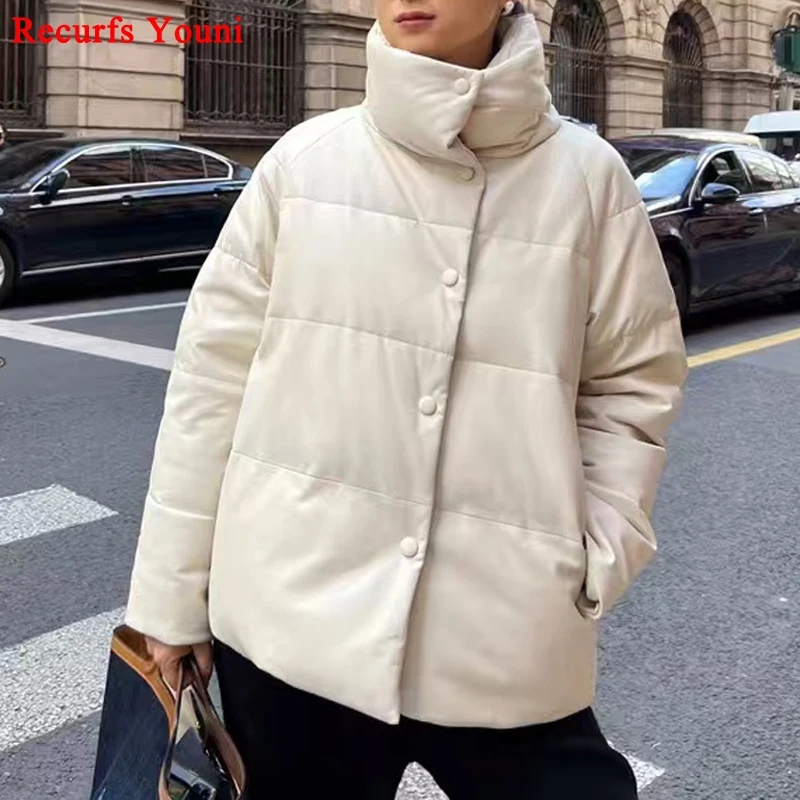 Chaqueta de plumón de cuero para mujer, chaqueta gruesa y cálida con cuello levantado, informal, de plumas de ganso, color blanco, invierno 2024