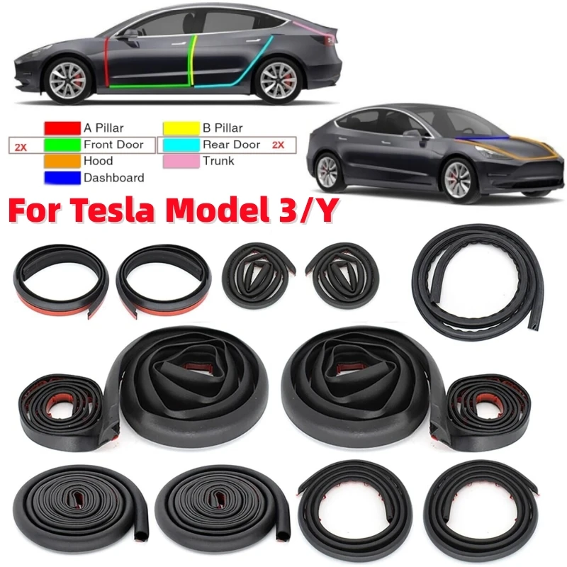 

11Pcs/set Car Door Seal Strip Kit Rubber Noise Insulation Weatherstrip Soundproof Sealing Strip Set For Tesla Model 3/Y