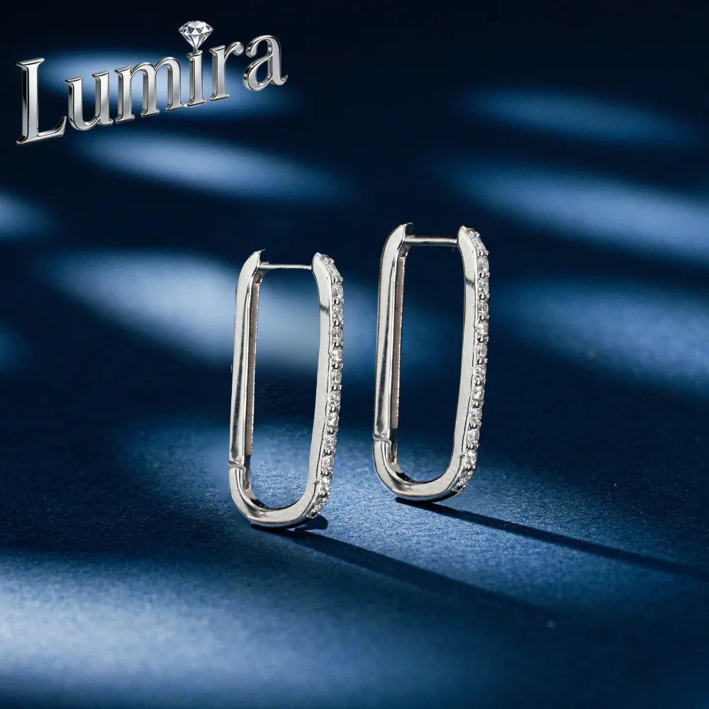 Lumira PT950 Platinum Rectangular Huggie Moissanite Hoop Earrings, Snap Lock Geometric Ear Ornaments Minimalist Daily Jewelry