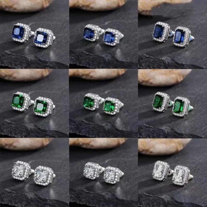 Square Green Zircon Earrings for Women\'s Elegant Party Anniversary Gift Eternal High Grade Sparkling White Crystal