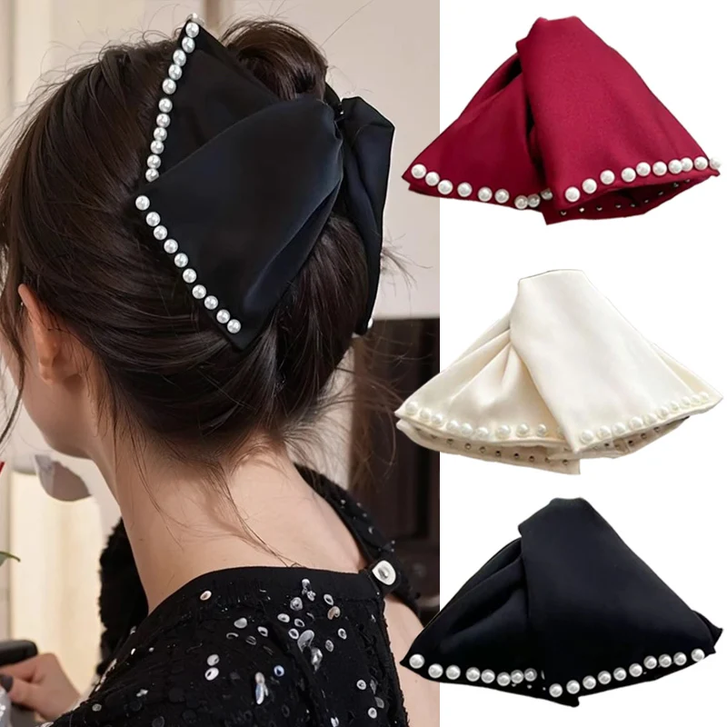 

New Vintage Solid Color Ponytail Bow Hair Claw Luxury Pearl Hair Clip Crab Woman Elegant Hairgrip Headwear Girl Hair Accessories