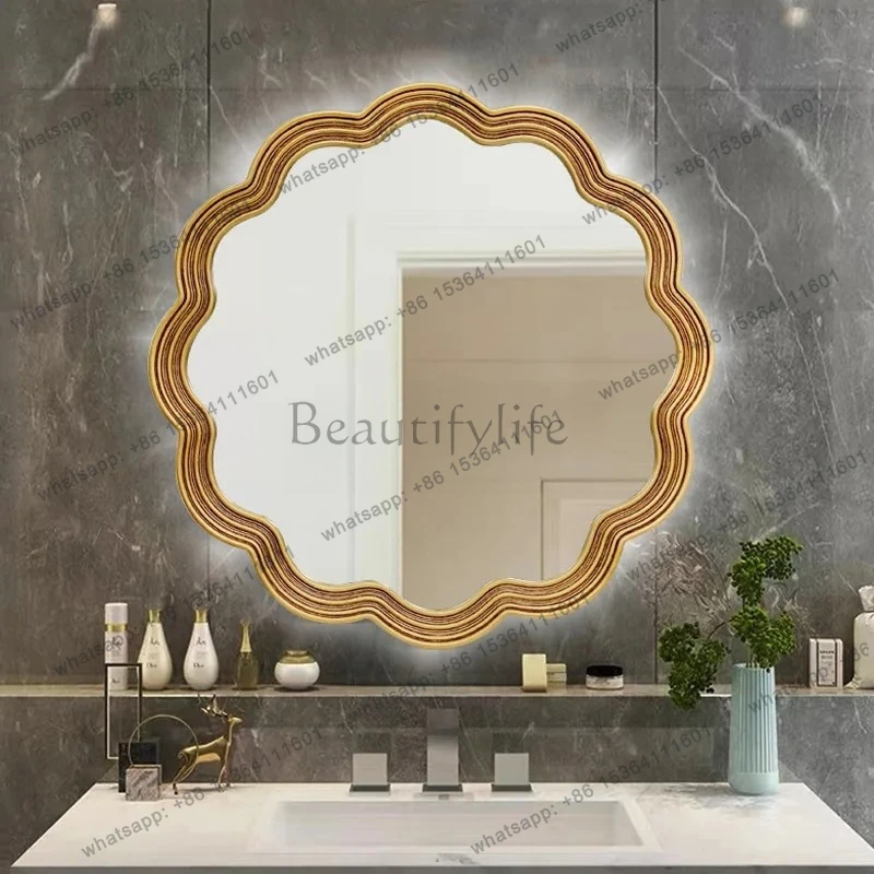 

American retro wavy LED bathroom mirror luminous wall-mounted mirror, smart light with vanity vanity makeup mirror