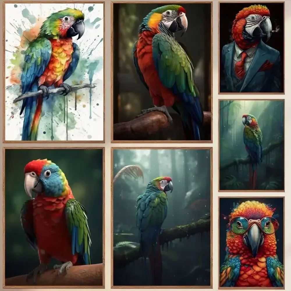 Vintage Parrot Business Suit Cigar Parrot Watercolor Perch Art Poster Self-adhesive Art Waterproof Paper Sticker House Room