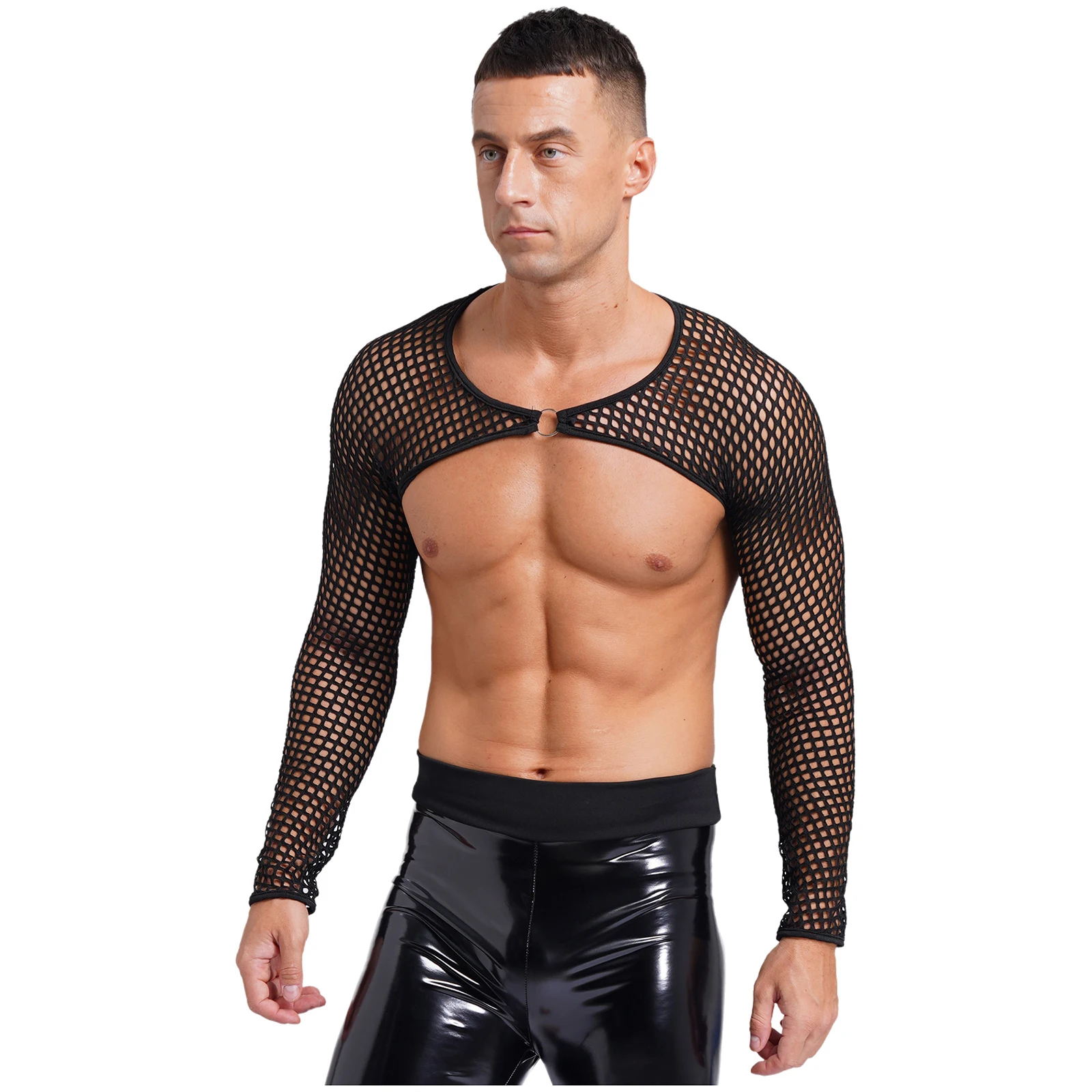 Mens Hollow Out Fishnet Festival Crop Top See-through Cover Ups O Ring Round Neck Long Sleeve T-shirt Tops Front with O Ring