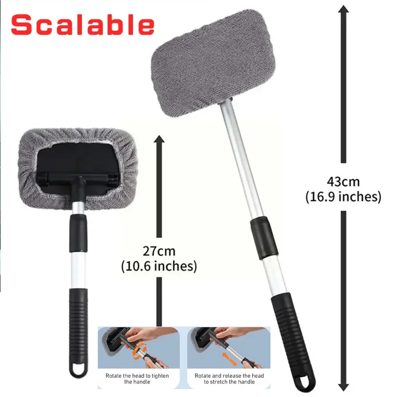 فرشاة تنظيف نوافذ السيارة، أداة تنظيف الزجاج الأمامي من الألياف الدقيقة مع مقبض ممسحة زجاج السيارات الخارجية الداخلية