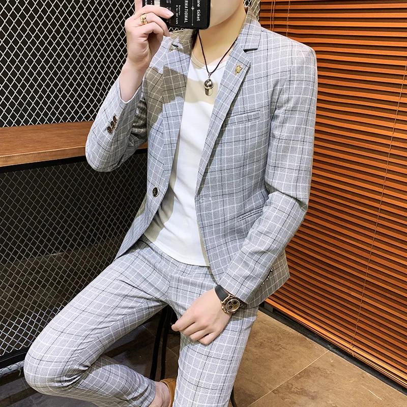 

Summer Thin Men's Suit Set Casual Plaid Mid-Sve Slim Fit Tee-Piece Suit Korean Sle Outerwear Polyester Blend Fabric
