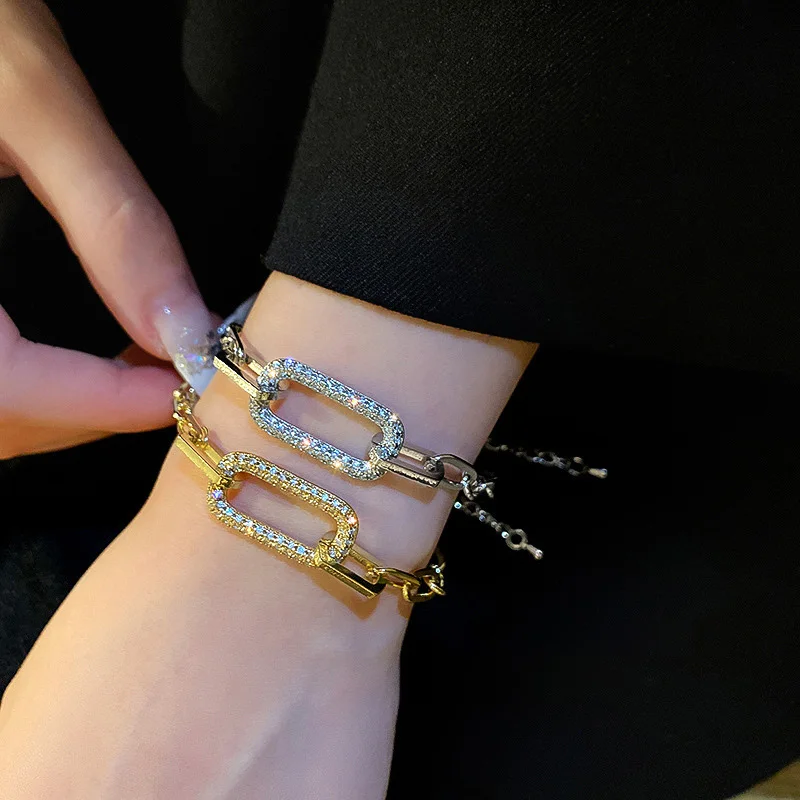 Ins Style Vintage Simple Geometric Crystal Charm Bracelet Korean Fashion Design Chain Cuff Bracelets Personality Hand Jewelry