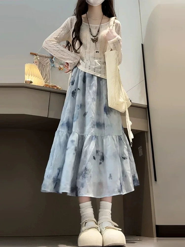 

Summer Beautiful Half Skirt Hollow out Dyeing Dress Set Women's Fashion Asymmetrical Long Sleeve round Neck Two-Piece Suit