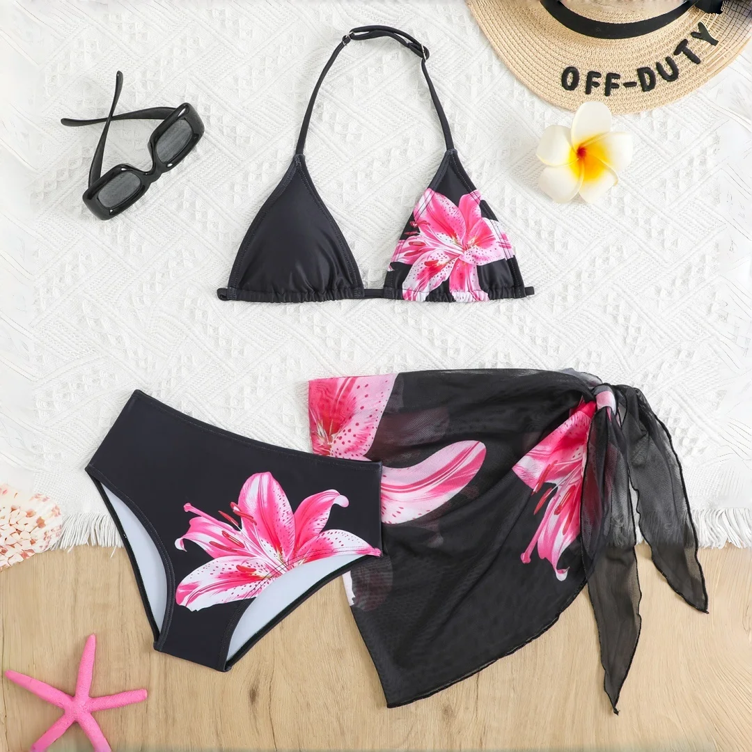 

Новый модный комплект детского купальника для девочек 2026 года: бикини с цветочным принтом, три предмета, для возраста 7-16 лет