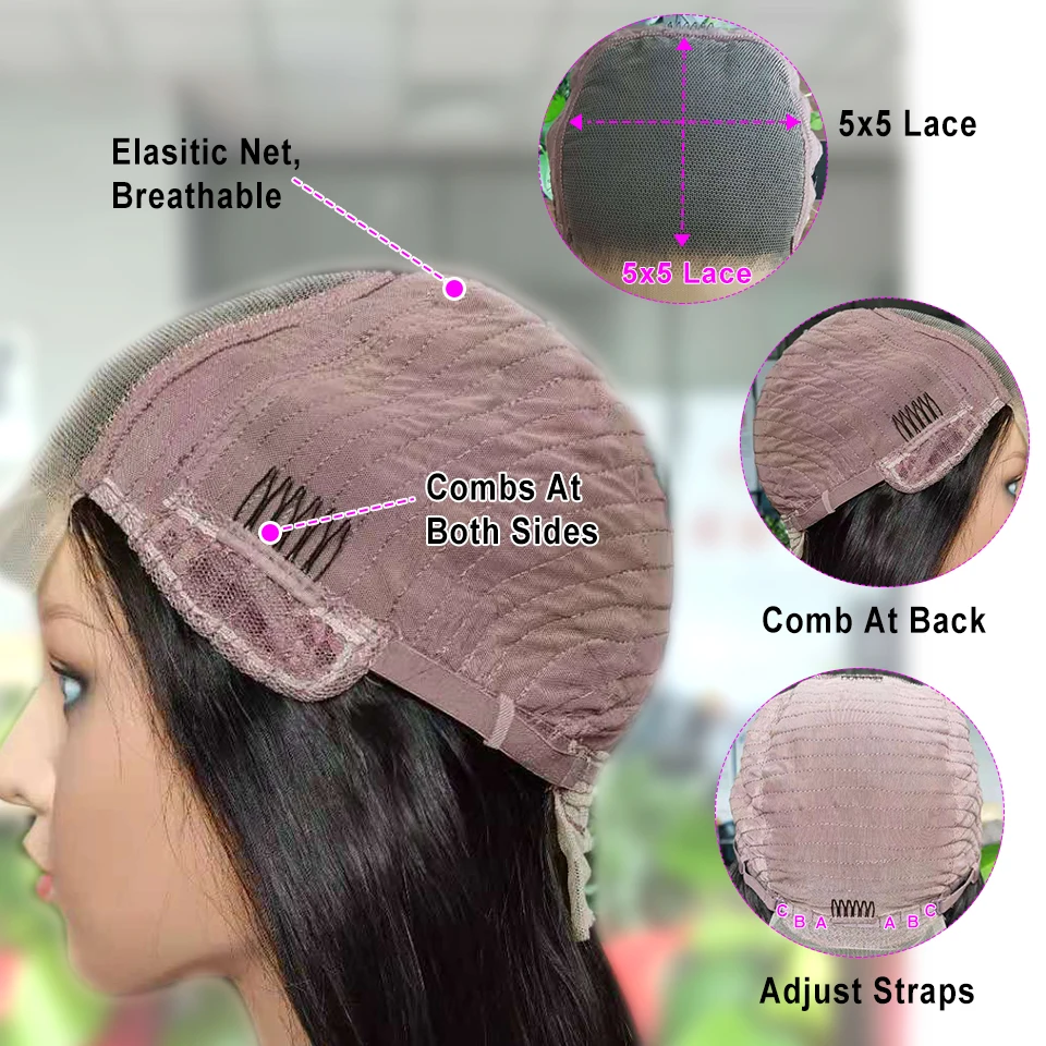 HairUGo-Perruque Lace Closure Wig Naturelle, Cheveux Lisses, 5x5, avec Baby Hair, Transparent, pour Femme