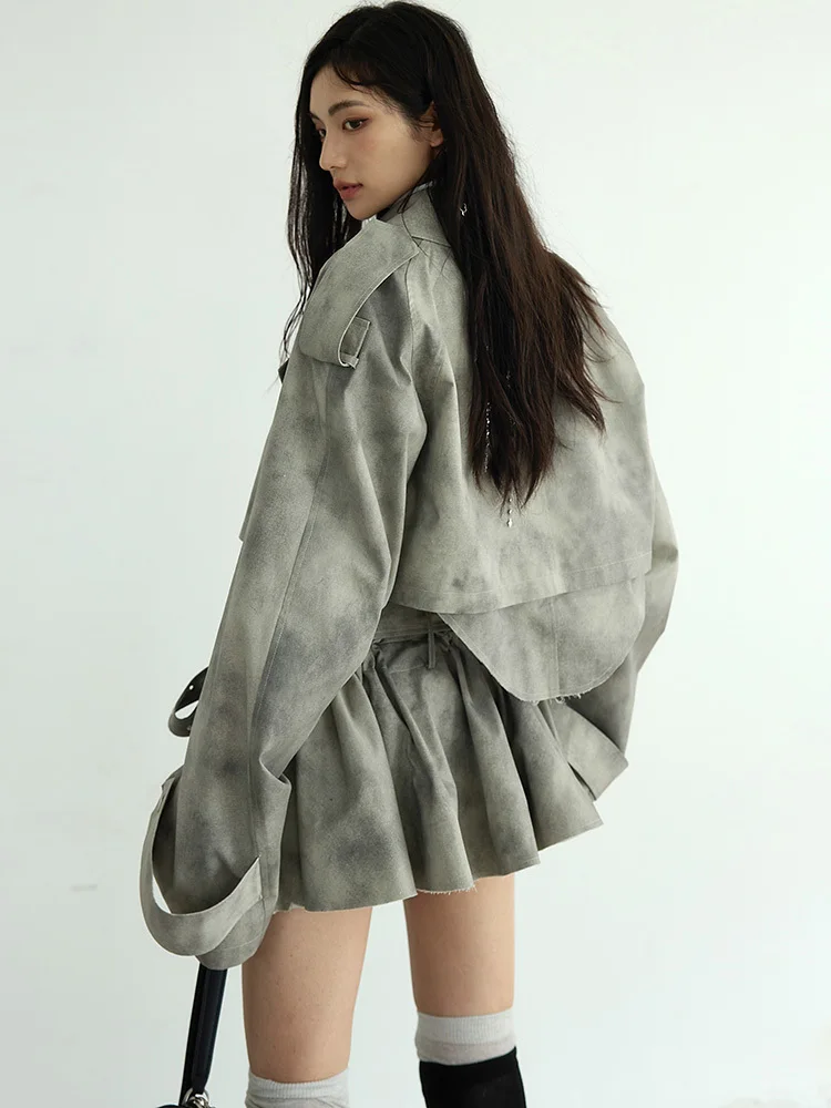 [EAM]  Gray Big Size Jacket Half-body Skirt Two Pieces Suit New Lapel Long Sleeve Women Fashion Tide Spring Autumn 2024 1DH7068