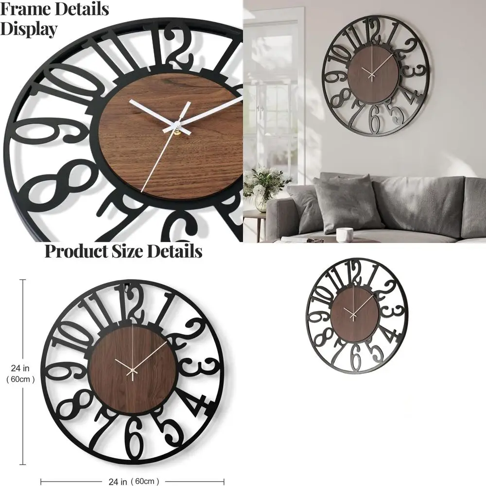 

24 Inch Silent Wall Clock, Battery-Powered Modern Farmhouse Style, Black Metal & Wood, Arabic Numerals