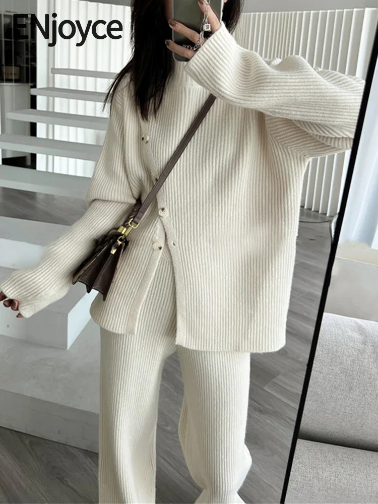 

ENjoyce Women Korean Fashion Oblique Button Design Knitted Pullover Sweater and Wide Leg Long Pants 2 pieces Set Autumn Winter