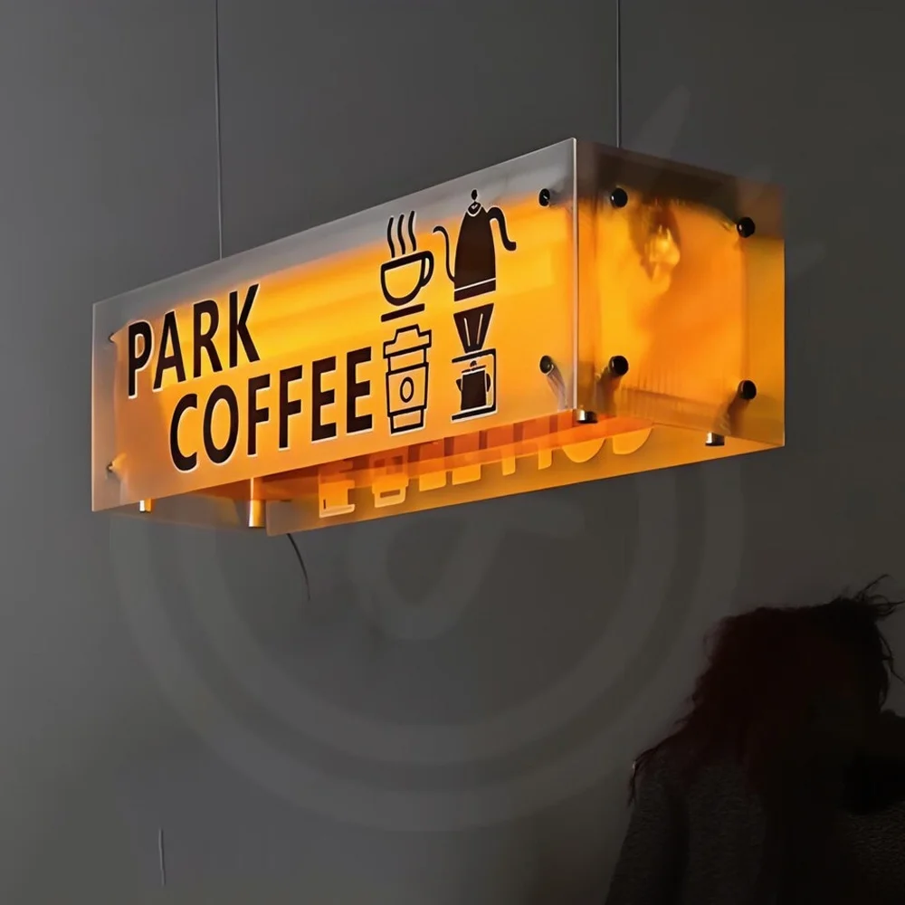 Tanda Dipasang di Langit-langit Kustom untuk Bisnis Luar Ruangan Signage Kotak Lampu LED Akrilik Logam Tampilan Etalase Dua Sisi