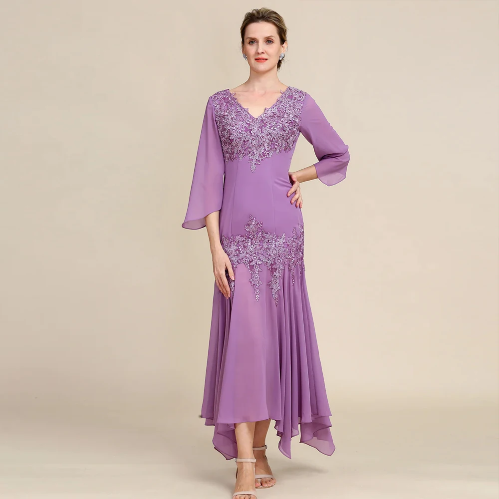 

Lavender Mother of the Bride Dresses V Neck 3/4 Sleeves Mermaid Wedding Party Gowns Appliques Ankle-Length Chiffon فساتين السهرة