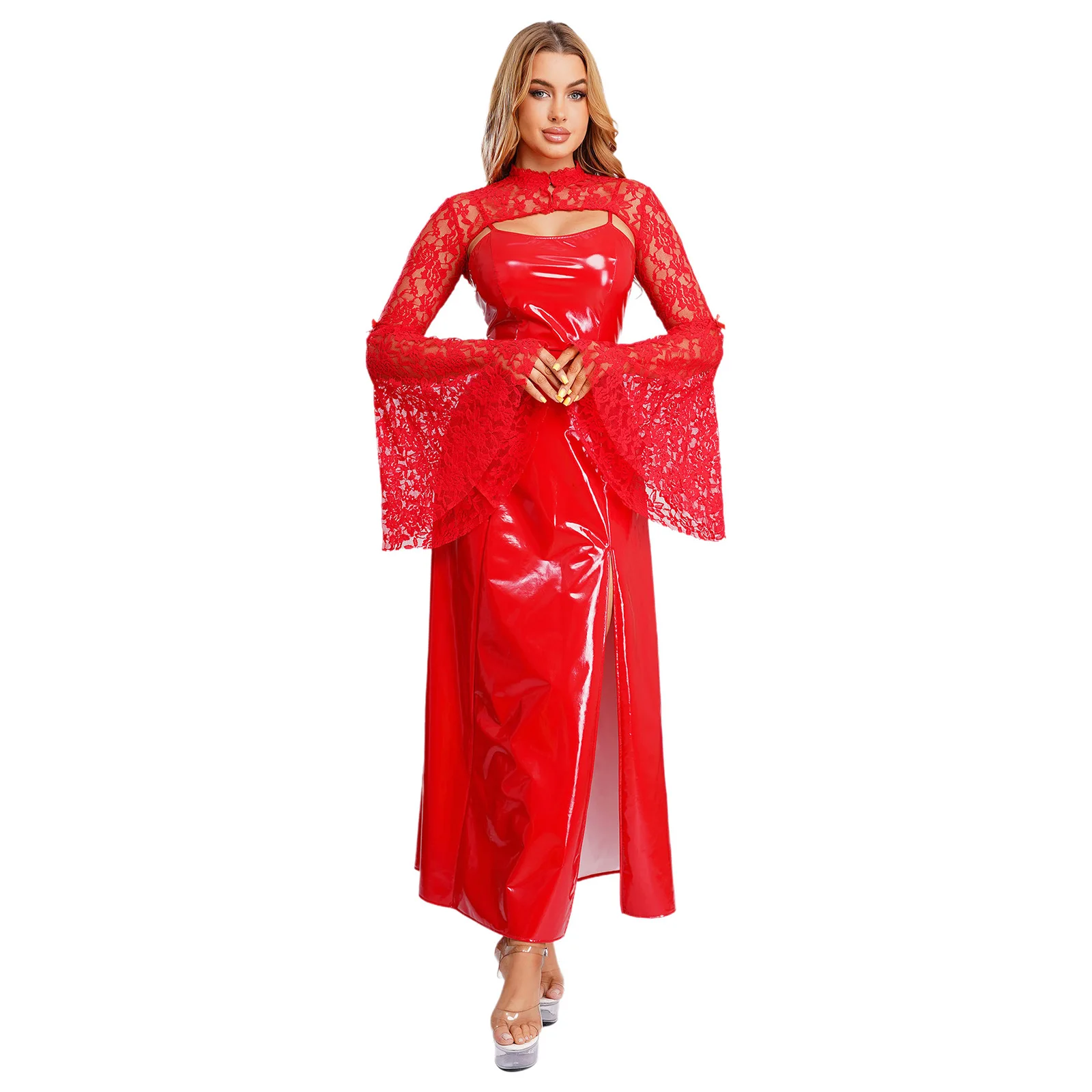 

Женское блестящее платье из искусственной кожи в стиле панк, готика, клубная одежда с прозрачным кружевом и цветочным принтом, укороченные шали для рейв-вечеринки, вампира, ведьмы, ролевых игр