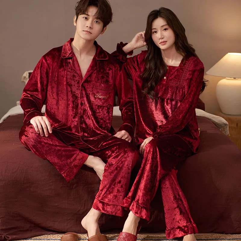 Couple Velvet Sleepwear Women's Pullover Pants Suit Autumn Gold Velour Men Long Sleeve Shirt Pants Set