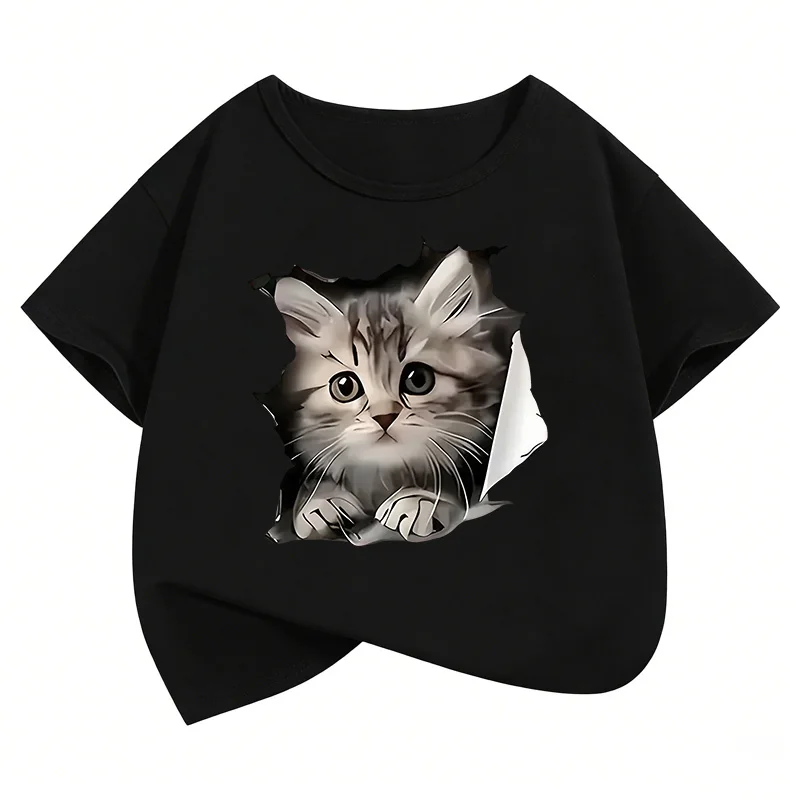 Cute Cat Graphic Kids T-shirt Summer Short Sleeve Tees Cartoon Animal Boys Girls Clothes Kawaii Kitten Top Y2K Children Tee Tops