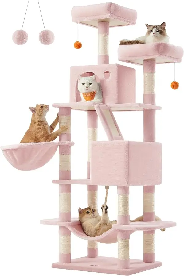 

Feandrea Cat Tree, 66.1-Inch Large Cat Tower with 13 Scratching Posts, 2 Perches, 2 Caves, Basket, Hammock, Pompoms, Multi-Level