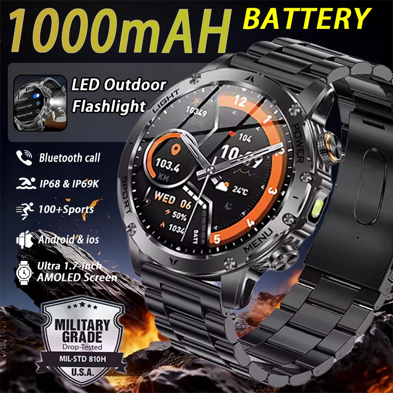 

New Military-Grade Outdoor 1000mAh Battery HD AMOLED Smartwatch for Men - IP69K Waterproof HD Bluetooth Calling 100+ Sports Watc