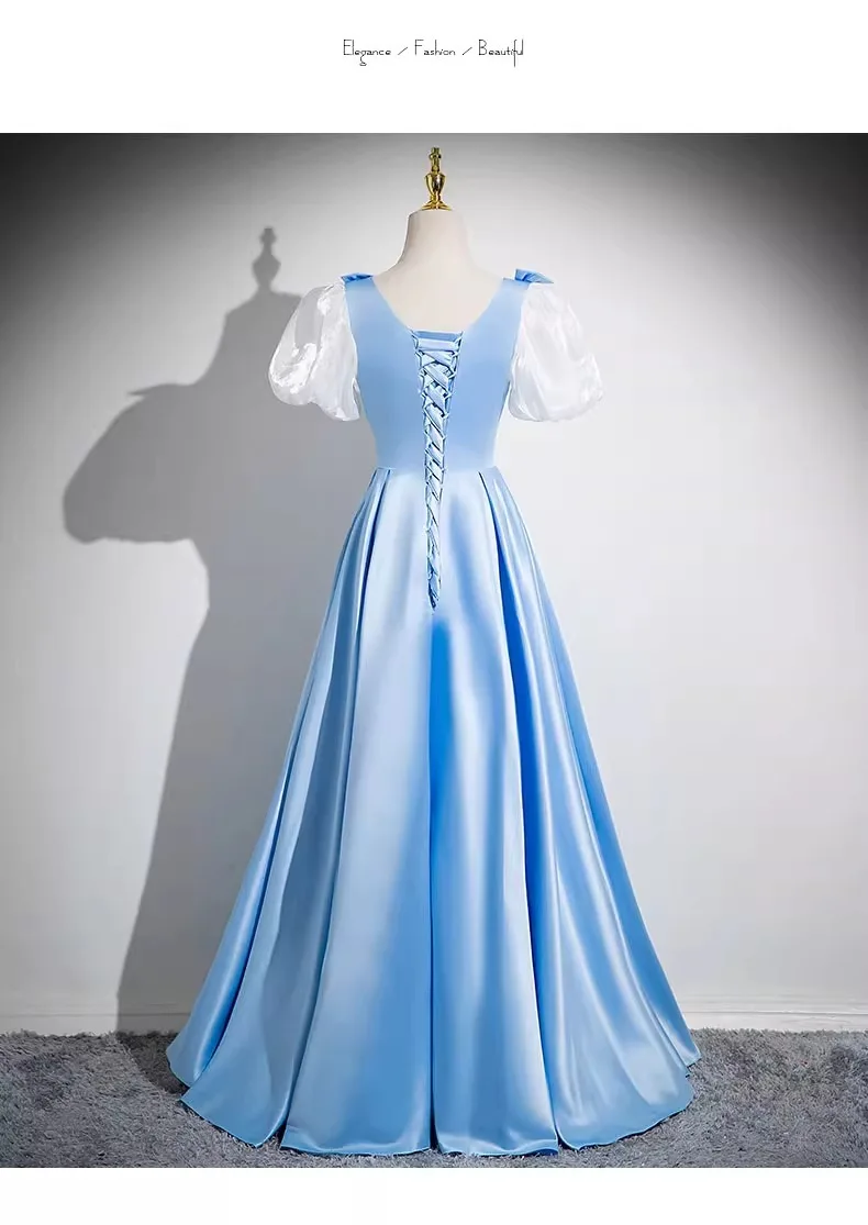 Blue Satin Short Sleeves Evening Dress with Pearls Long Square Collar Party Gown A-Line Lace Up Back abendkleid 2024