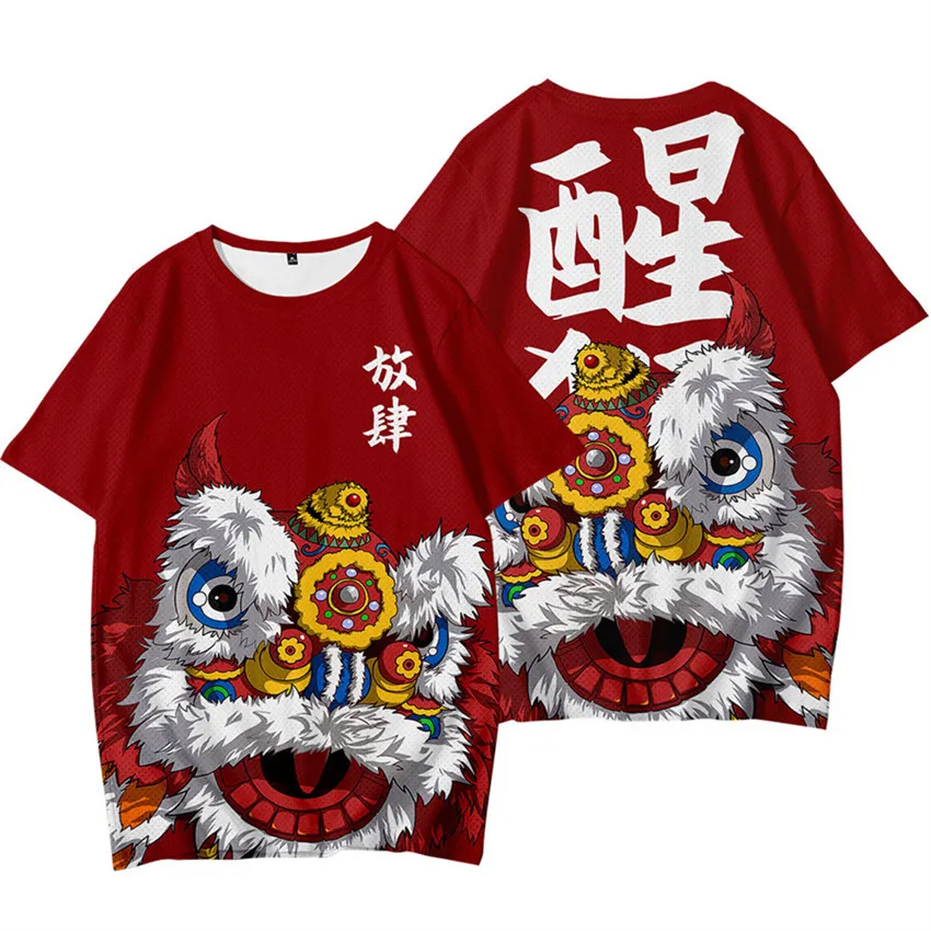 Chinese Style Dragon Lion Dance Printed T-shirt Short Sleeve Cool T Shirt Casual Streetwear 2024 New Arrival Women Men Clothes