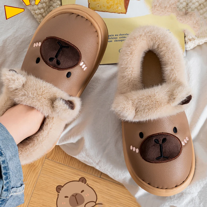 

Winter Capibala Cotton Slippers Women Indoor Warm Thicken Plush Home Slippers Woman Thick Sole Non Slip Fluffy Slides Female