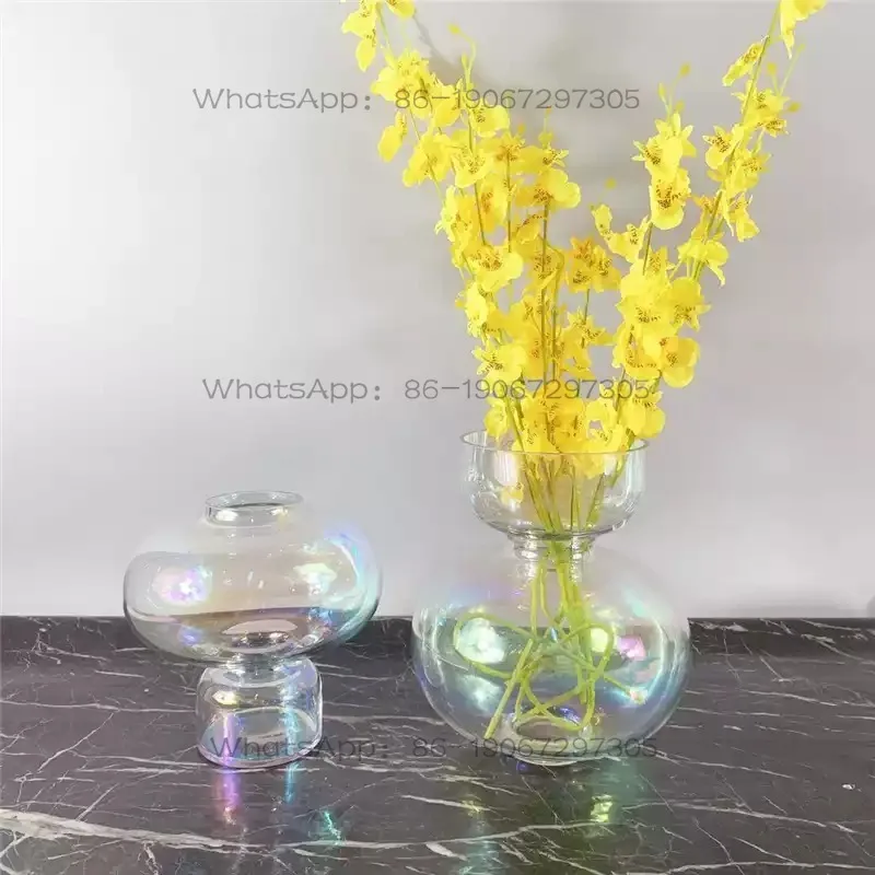 Modern Simple Electroplated Silver Colored Blue Glass Vase Dining Table Flower Ware Entrance Ornament