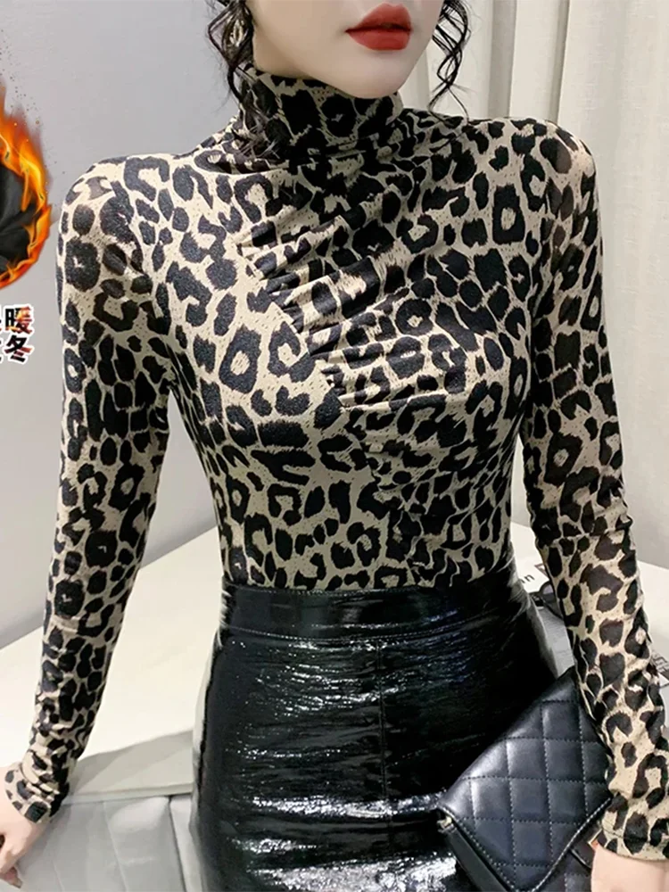 

Winsleter Streetwear Tshirt Long Sleeve Tees Women Turtleneck Leopard Fleece Warm Slim Mesh Tops Autumn Winter T30510JM