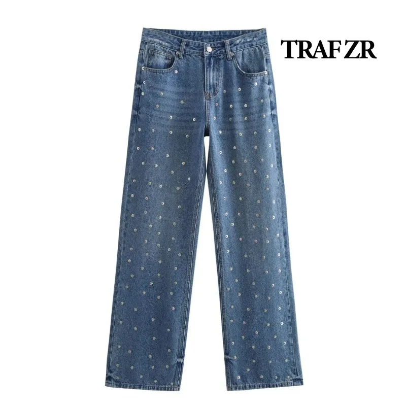 TRAF ZR Rivet Jeans Ladies Fashion Newjeans Low Waisted Pants Casual Basics Denim Woman Trousers Vintage Harajuku Blue Jeans