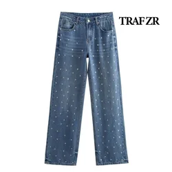 TRAF ZR Rivet Jeans Ladies Fashion Newjeans Low Waisted Pants Casual Basics Denim Woman Trousers Vintage Harajuku Blue Jeans