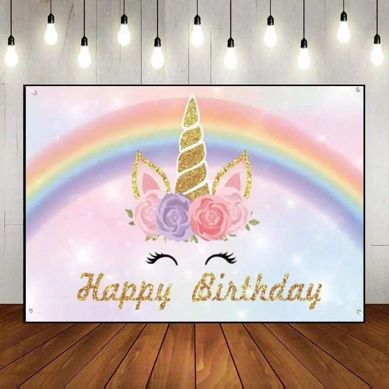 Unicorn Photo Background Decoration Photography Backdrops Rainbow Baby Shower Floral Birthday Starry Sky Custom Backdrop Renaiss