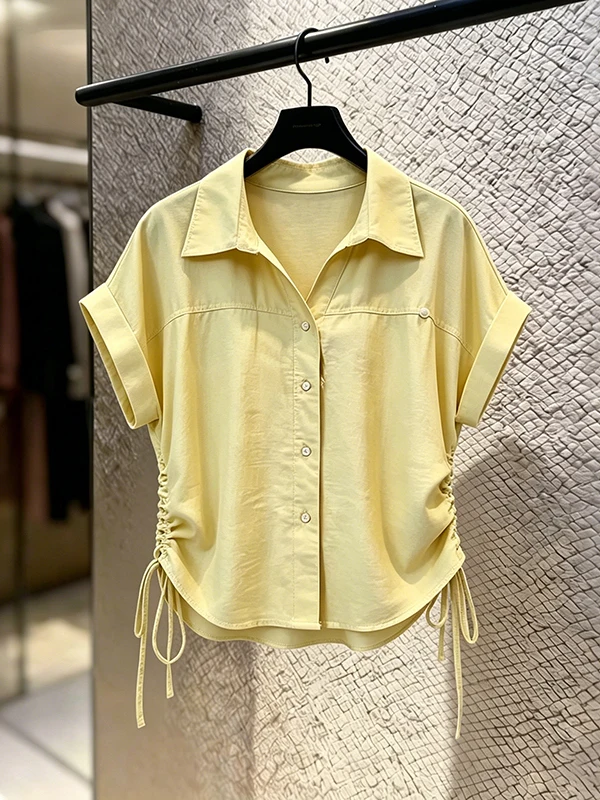 

plus Size Summer New Lazy Style Collared Short Sleeve Women's Shirt Yellow Drawstring Waist Inelasticity Commute Style Korean...