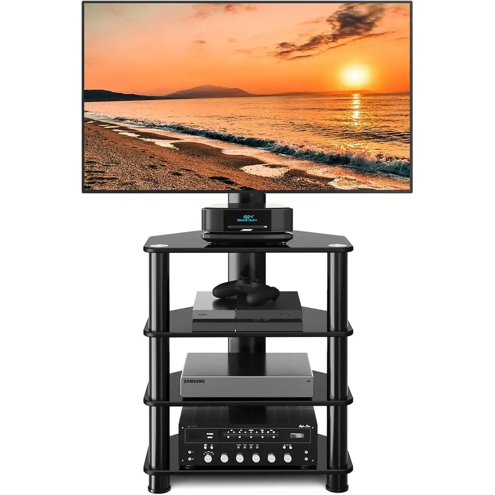 Height Adjustable TV Mount Stand with Tempered Glass Audio Shelf, Floor Tall TV Stand for Bedroom, Living Room, Office, Black