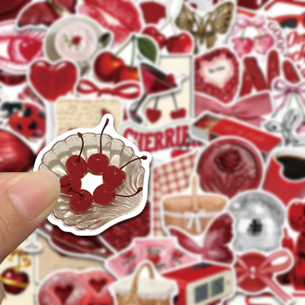 50pcs y2k style cherry colored stickers, suitable for decorating tablets, luggage, storage boxes, waterproof stickers