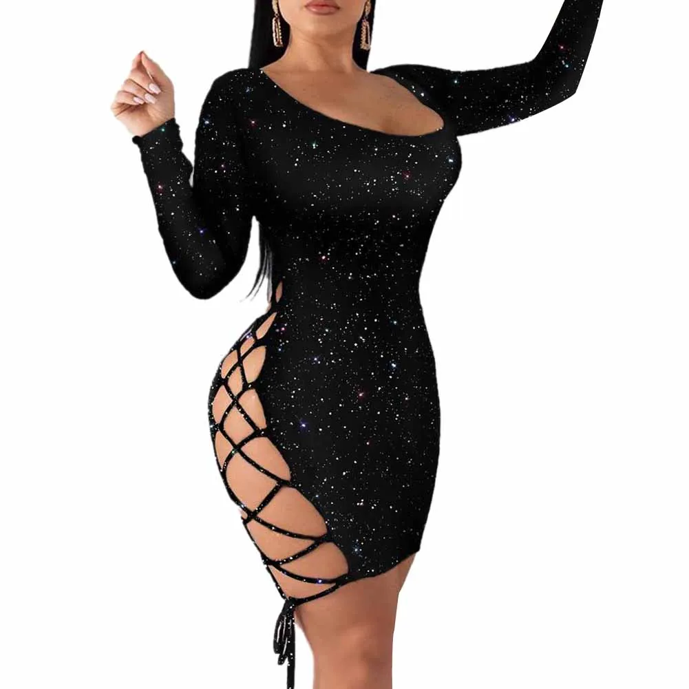 

Women Sexy Glitter Sequins Bodycon Mini Dress Summer Low Cut Long Sleeve Lace-up Hollow Out Dresses Evening Party Club Wear