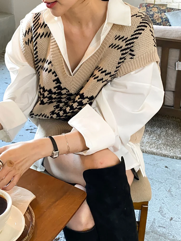 اسكواش houndstooth مخطط سترة سترة المرأة الخامس الرقبة محبوك تانك القمم أكمام الدبابات عادية تريكو الشتاء الخريف #3