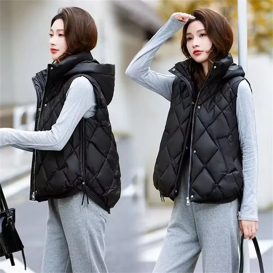 

2025 Down Cotton Vest Women Short Hooded Parkas Autumn Winter Korean Sleeveless Jacket Warm Female Waistcoat Tops