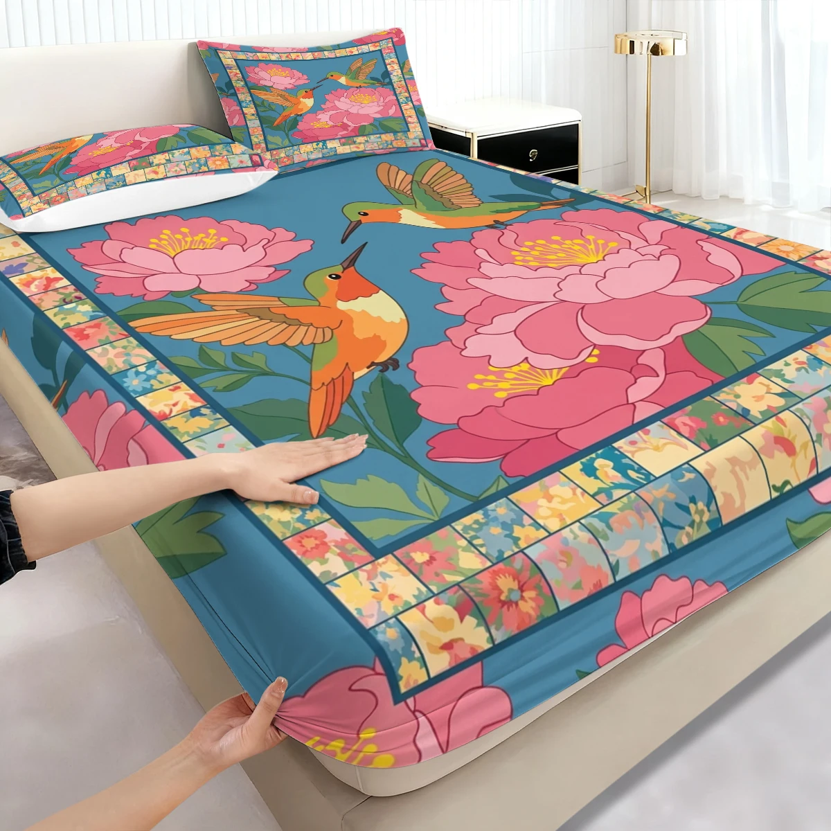 3PCS Blue Base Hummingbird Peony Fitted Sheet Set, Elastic Mattress Cover with Pillowcases, Vintage Floral Bedding Decor