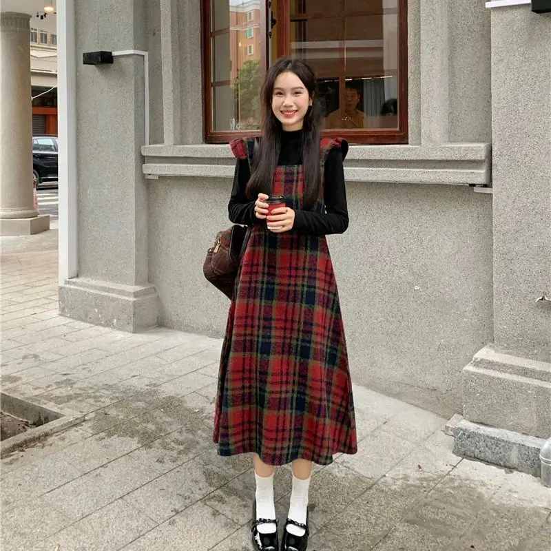 

Preppy Style Women's Scottish Dress Set Spring Autumn Woolen Plaid Flying Sleeve Dresses + Black High-neck Slim Pullover Elegant