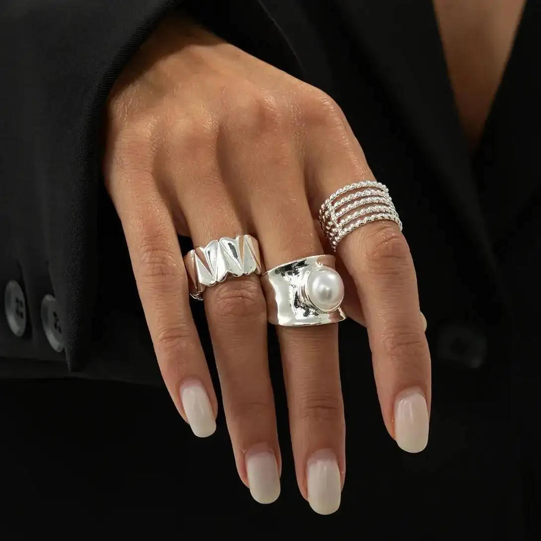 Salircon 3Pcs/Set Vintage Geometry Hollow Lines Open Finger Ring Women New Elegant Inlay Imitation Pearl Ring Jewelry Accessory